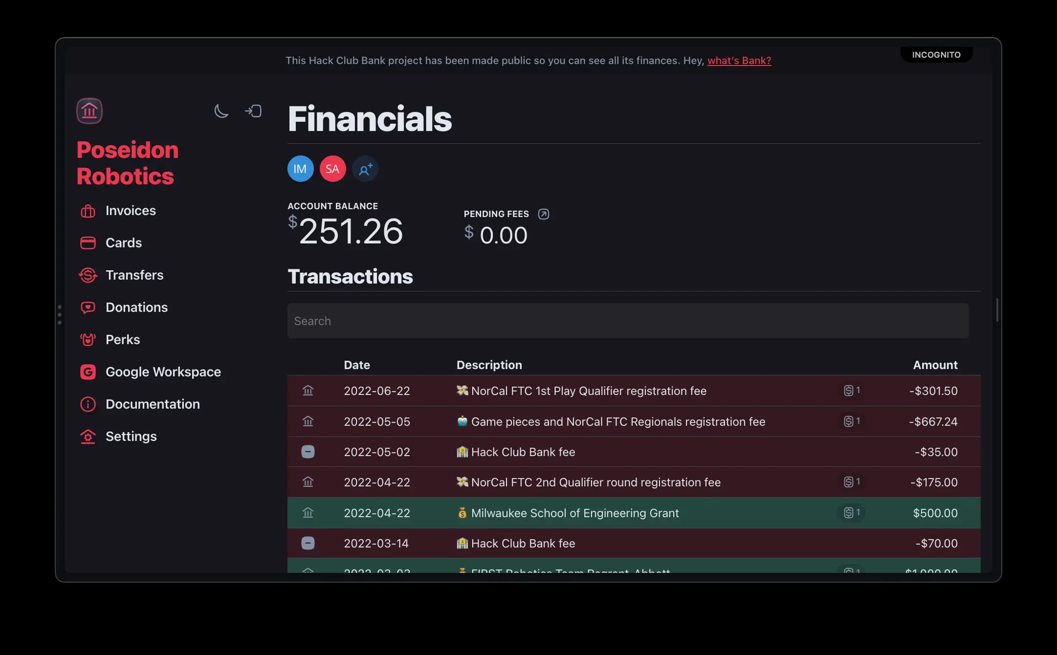 Projects dashboard shown on a device